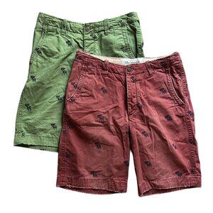 Abercrombie & Fitch Vintage Chino Flat Front Green Red Logo Shorts Bundle 33